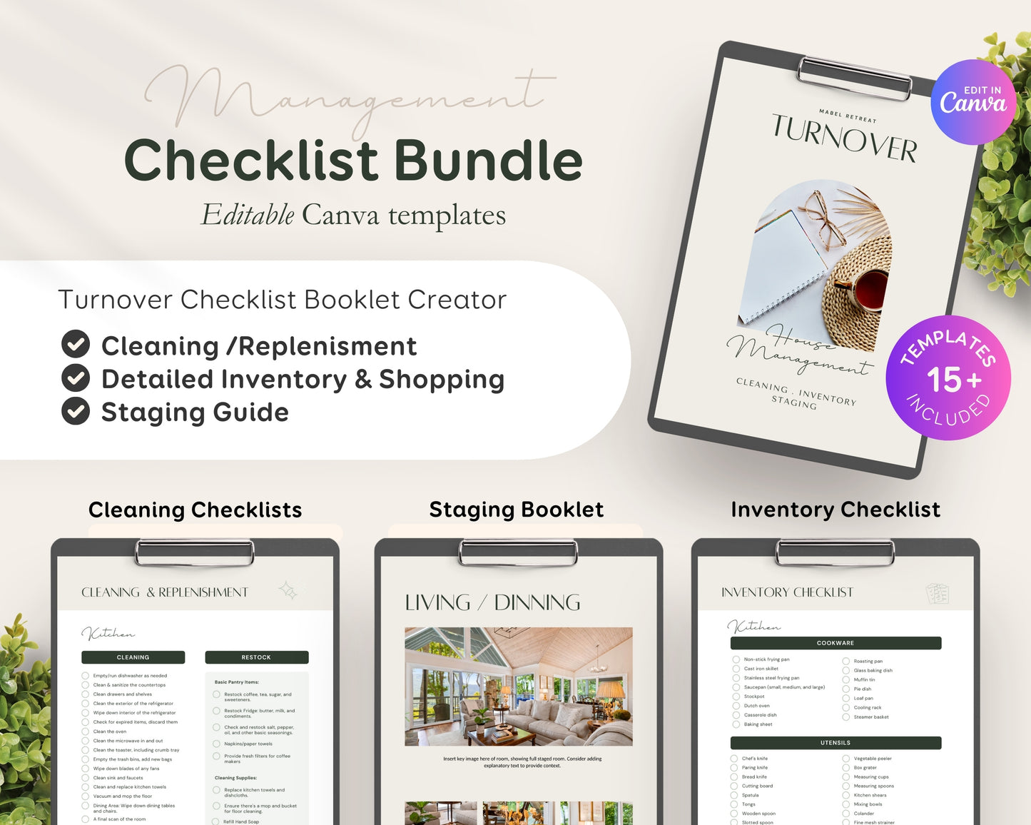 Airbnb, Bed & Breakfast Host Canva Templates Bundle, Brochure, Welcome Book, Sign Bundle, Thank You, Canva Templates - Green Taupe