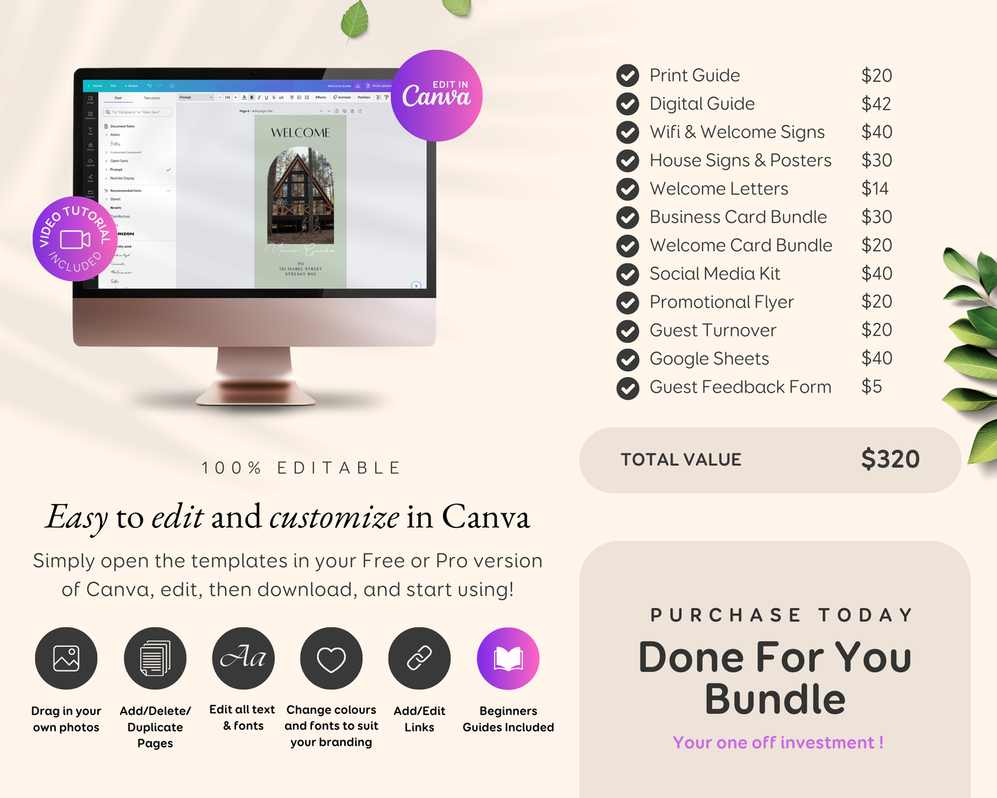 Airbnb, Bed & Breakfast Host Canva Templates Bundle, Brochure, Welcome Book, Sign Bundle, Thank You, Canva Templates