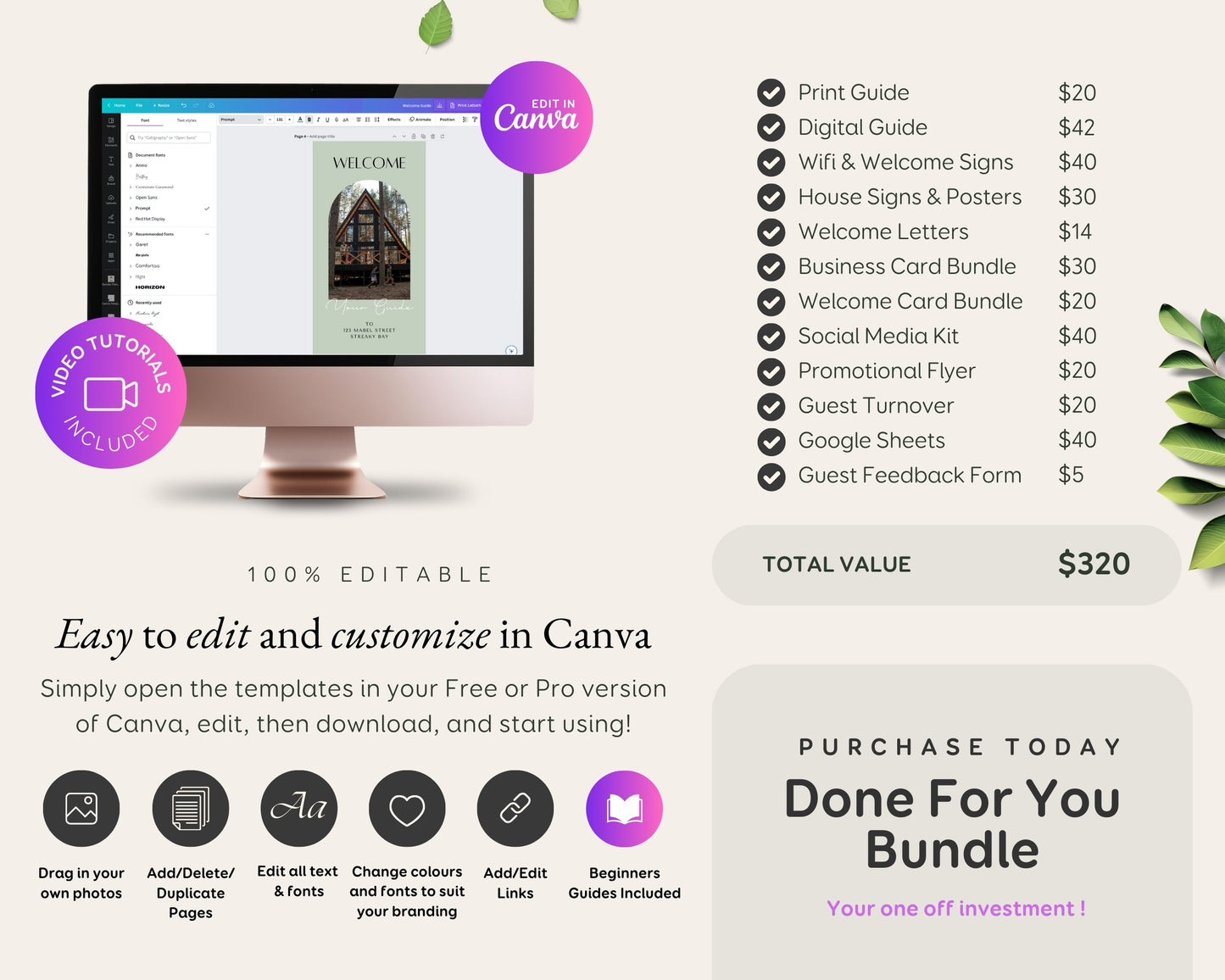 Airbnb, Bed & Breakfast Host Canva Templates Bundle, Brochure, Welcome Book, Sign Bundle, Thank You, Canva Templates - Green Taupe