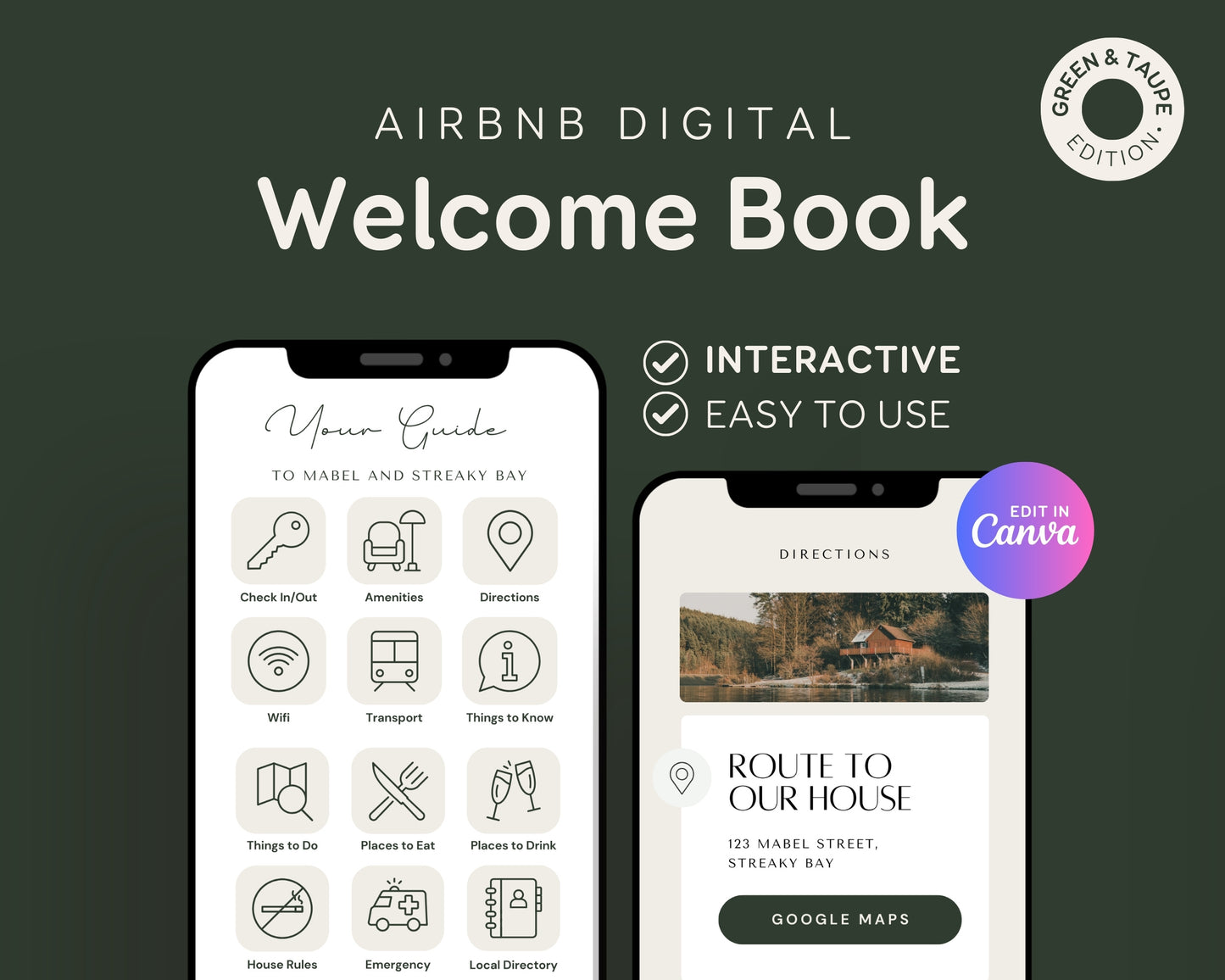 Digital Airbnb Welcome Guide Book Template for Mobile - Taupe Green