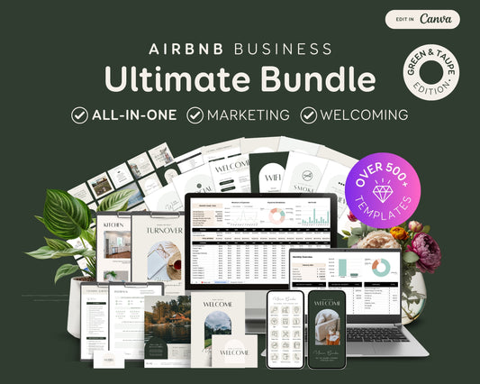 Airbnb, Bed & Breakfast Host Canva Templates Bundle, Brochure, Welcome Book, Sign Bundle, Thank You, Canva Templates - Green Taupe