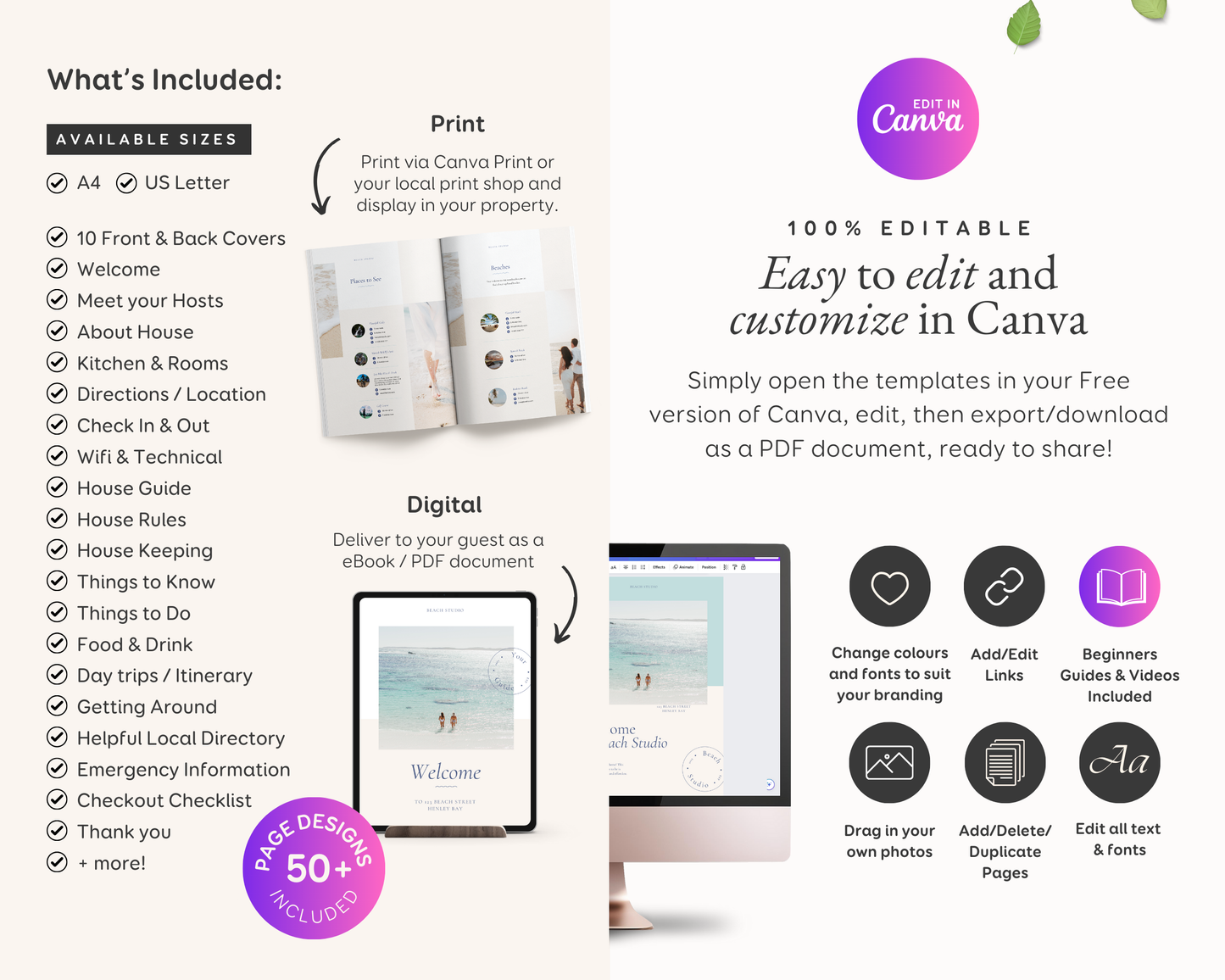 Airbnb Beach House Welcome Guide Book Canva Template, Printable