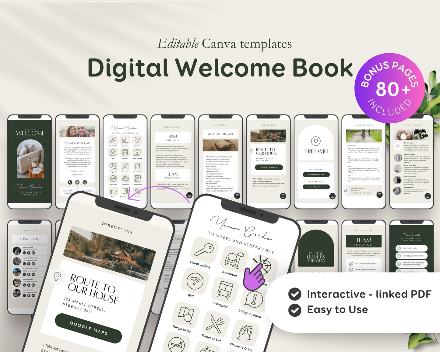 Airbnb, Bed & Breakfast Host Canva Templates Bundle, Brochure, Welcome Book, Sign Bundle, Thank You, Canva Templates - Green Taupe