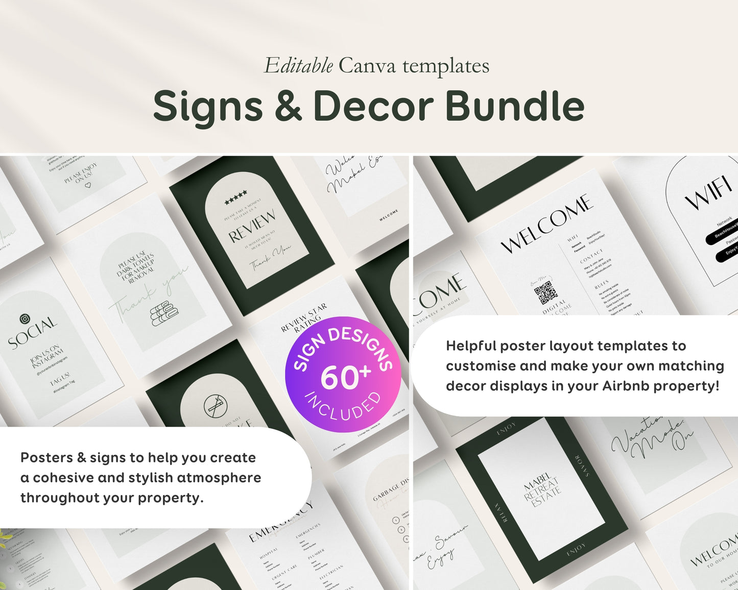 Airbnb, Bed & Breakfast Host Canva Templates Bundle, Brochure, Welcome Book, Sign Bundle, Thank You, Canva Templates - Green Taupe