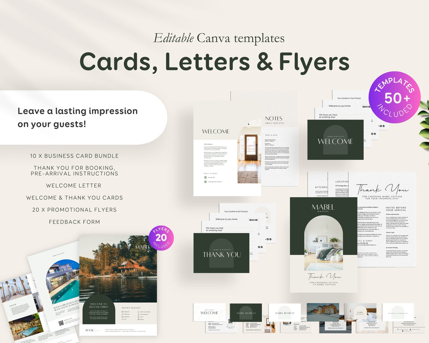Airbnb, Bed & Breakfast Host Canva Templates Bundle, Brochure, Welcome Book, Sign Bundle, Thank You, Canva Templates - Green Taupe