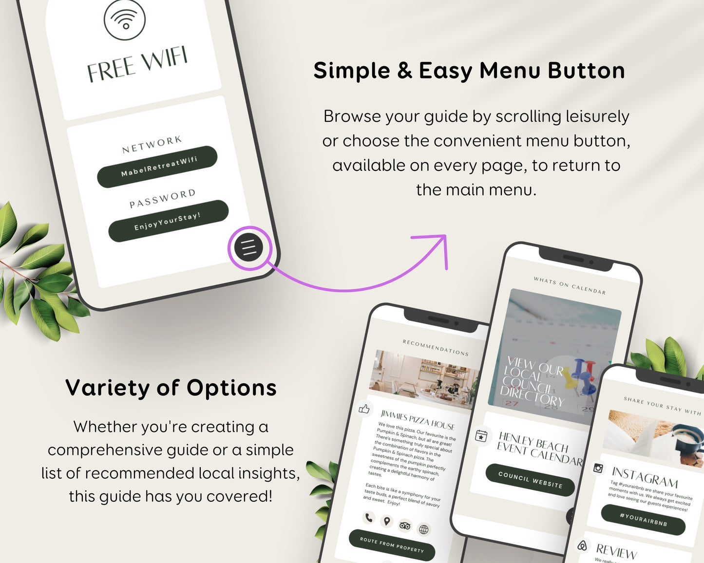 Digital Airbnb Welcome Guide Book Template for Mobile - Taupe Green