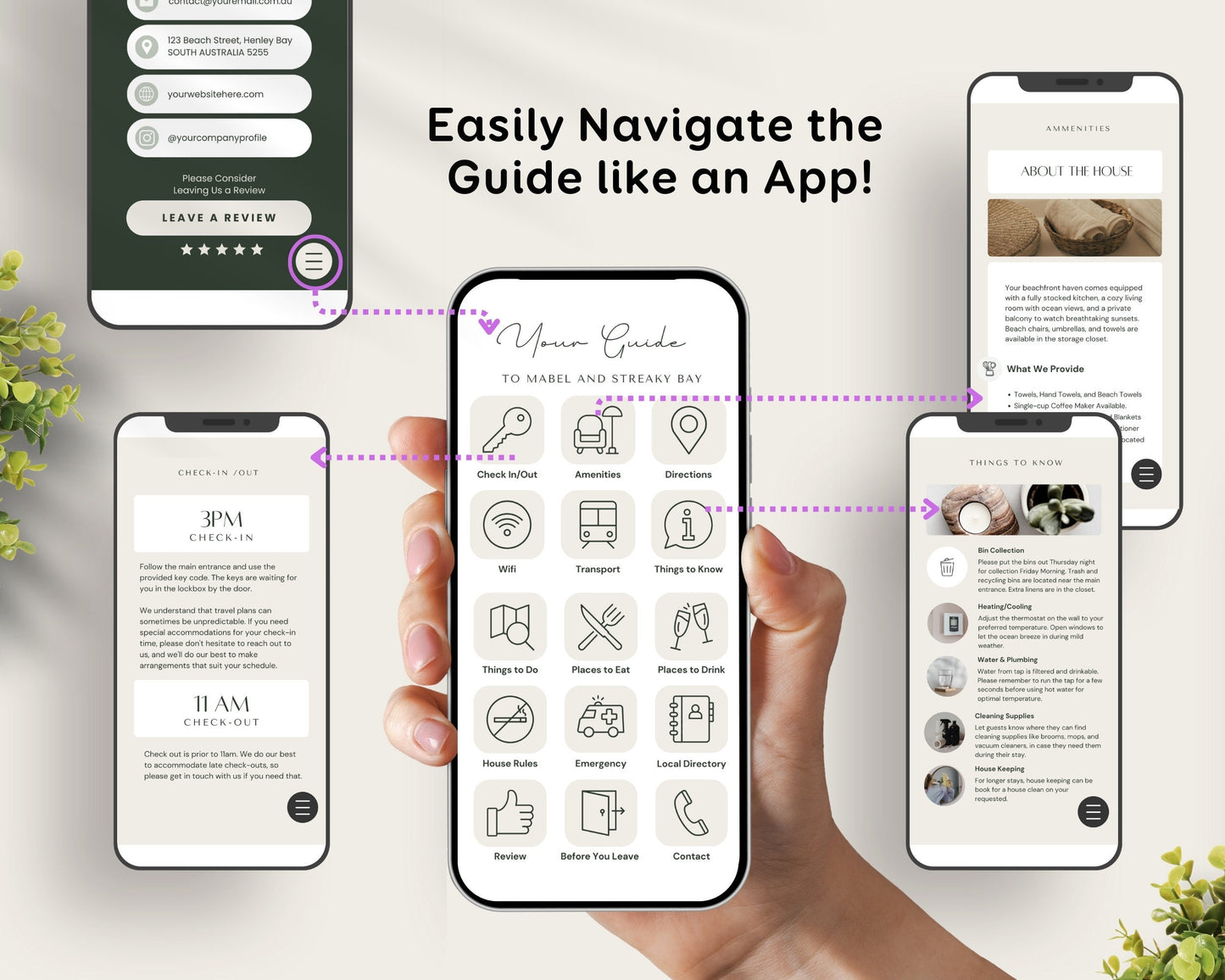 Digital Airbnb Welcome Guide Book Template for Mobile - Taupe Green
