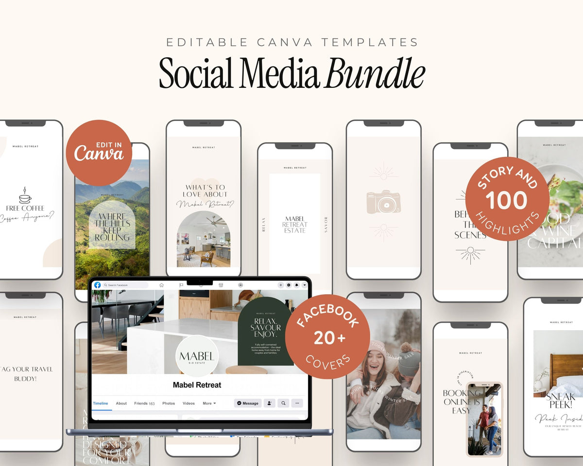 The image is a collage of various social media content, including smartphone screens and a laptop displaying a social media bundle.
