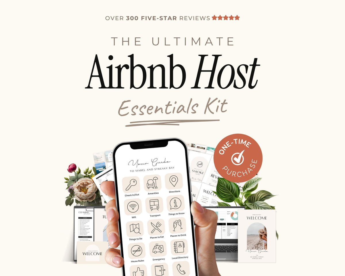 The image is an advertisement for an "Ultimate AirBNB Hostess Essentials Kit" that includes a mobile device and various other items.