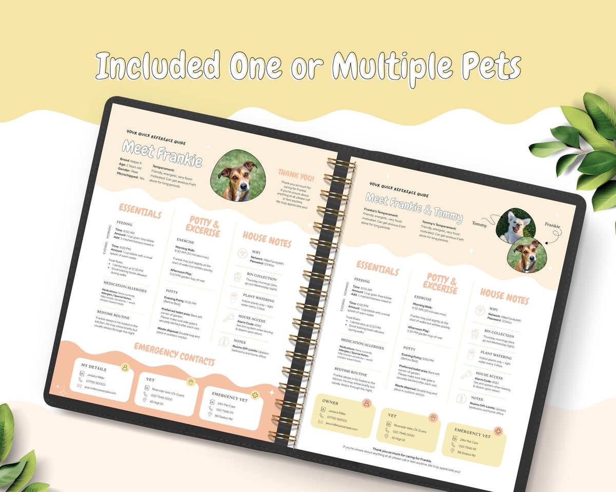Pet & House Sitting Printable Templates | Editable Dog/Cat Sitter Instructions, One Page Overview Info Sheet, Binder Daily Log Care