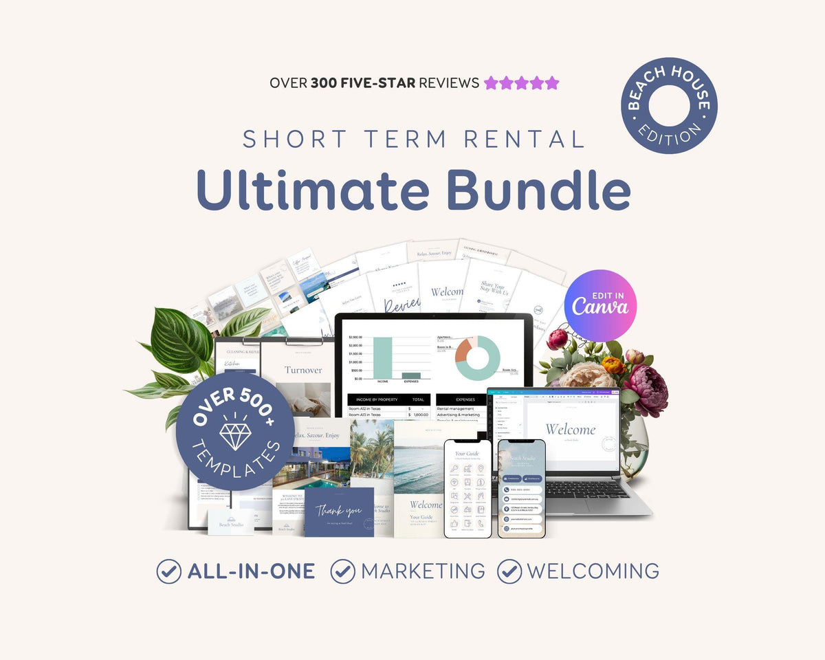 Modern Beach Airbnb Host Bundle: Editable Welcome Book, Rental Signs, Cleaning Checklist & More! BC1