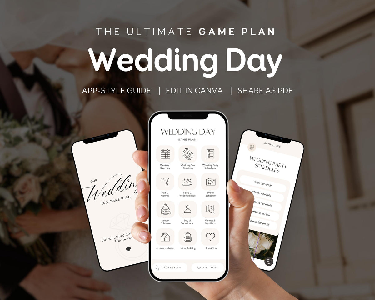 Wedding Day Game Plan | Mobile APP-Like Planner Timeline Template | Itinerary, Day Of Coordinator, Checklists (Digital Download)