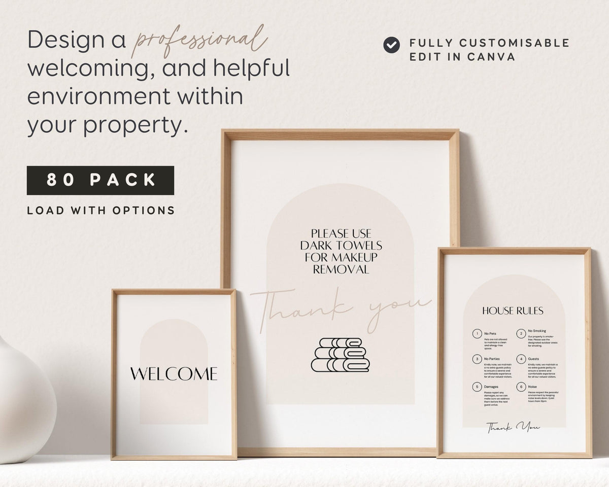 Airbnb Signs Bundle, Canva Edit Welcome Signs Pack, 80+ Templates