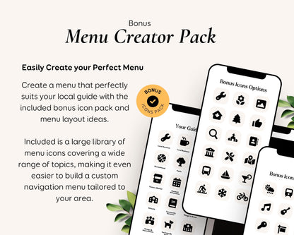 The image is a promotional image for a "Menu Creator Pack" that includes a large library of menu icons to help users create a custom navigation menu tailored to their area.