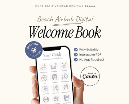 a person holding a smartphone displaying a welcome book for Beach AirBNB, with a "One-Time Purchase" sticker on the phone.