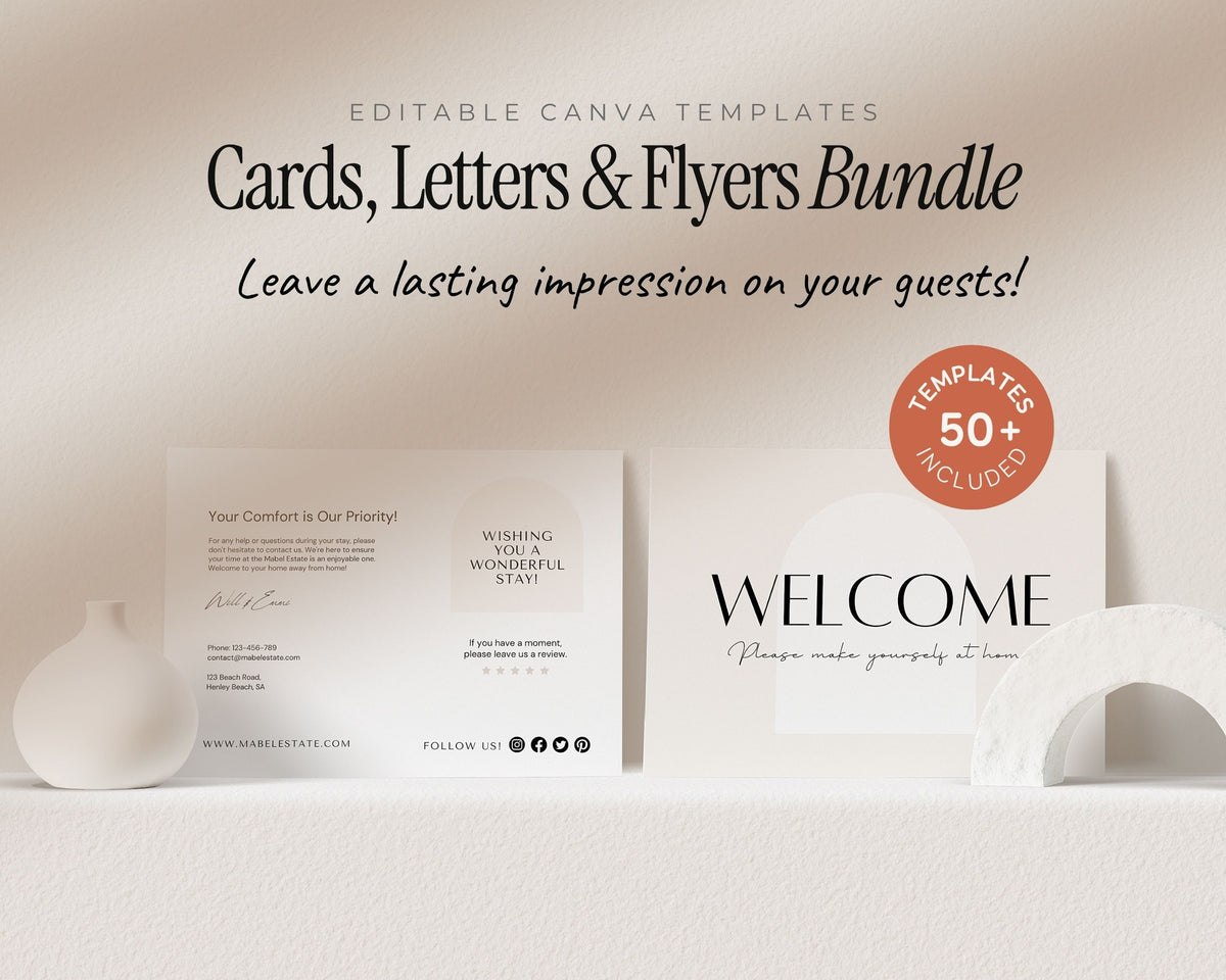 a set of editable canvas templates for cards, letters, and flyers, including a welcome card and a greeting card. The text on the image emphasizes the importance of leaving a lasting impression on guests and provides contact information for further inquiries.