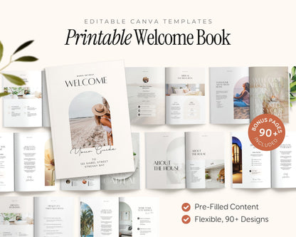 The image is a collage of various images, including a book cover, a welcome book, and other printed materials, all related to the concept of a "Printable Welcome Book".