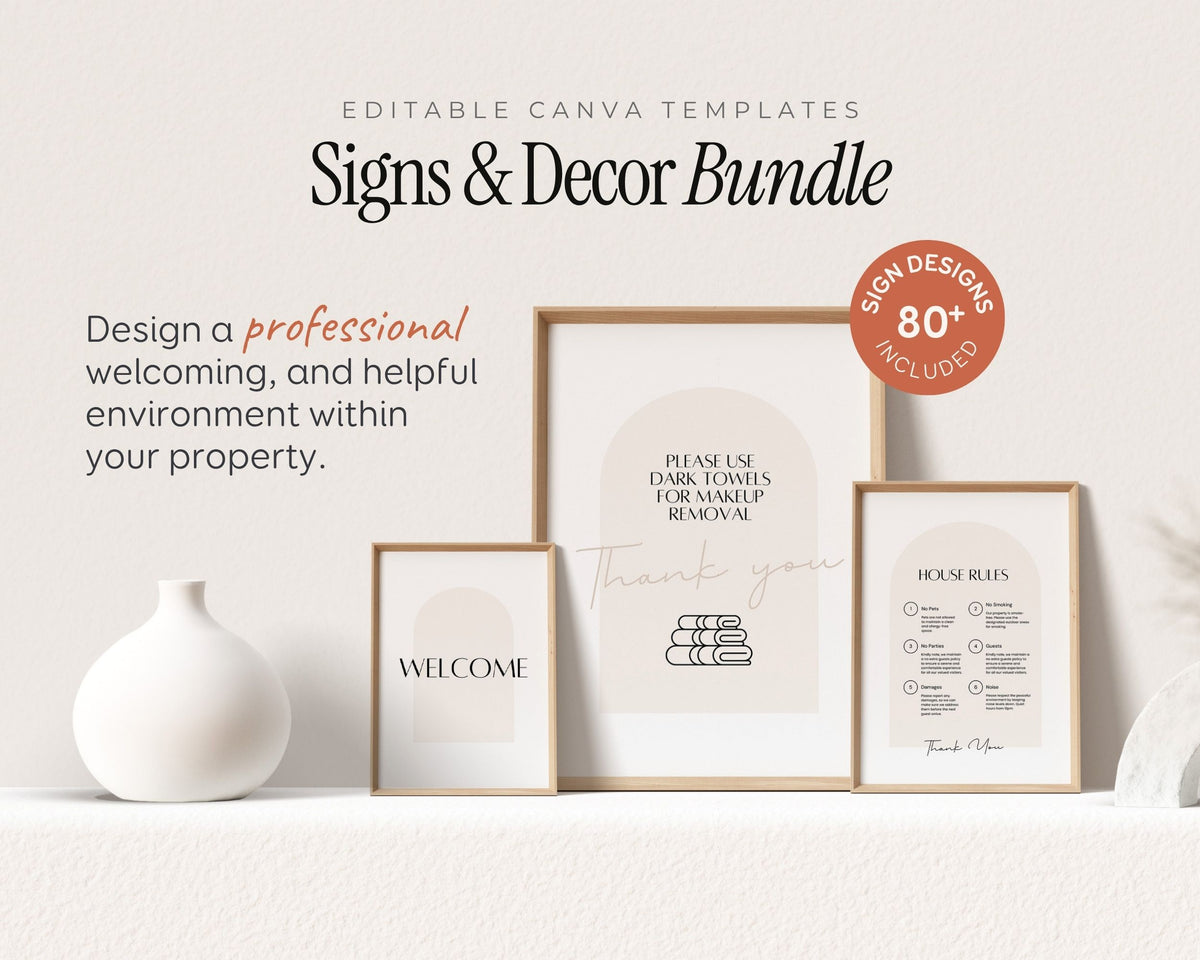 a set of editable canvas templates for signs and decor, including a welcome sign, a house rules sign, and a welcome sign. The text on the image provides instructions for creating professional and welcoming environments within a property.