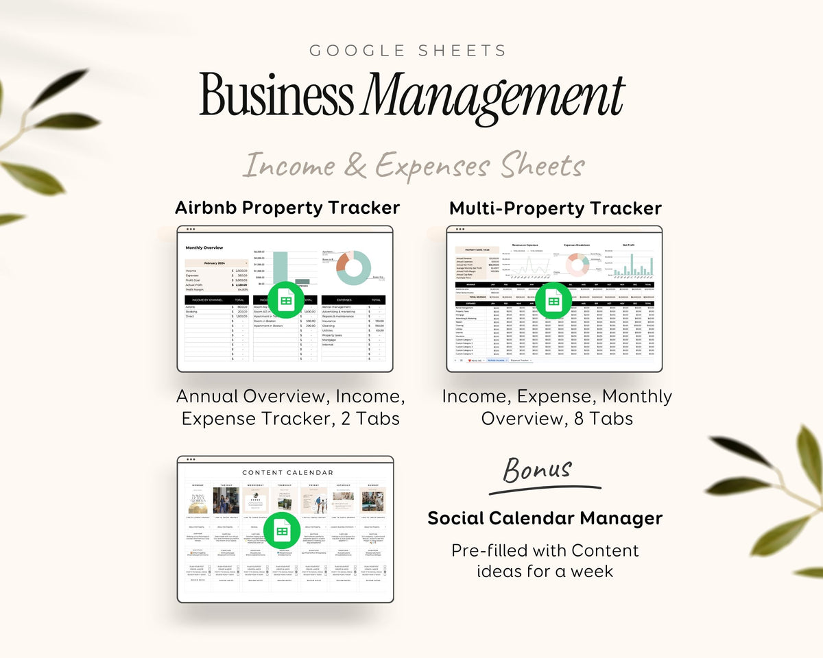 The image is a promotional graphic for Google sheets for business management, featuring three different Google sheets with various functionalities such as income and expense tracking, annual overview, and content calendar management.