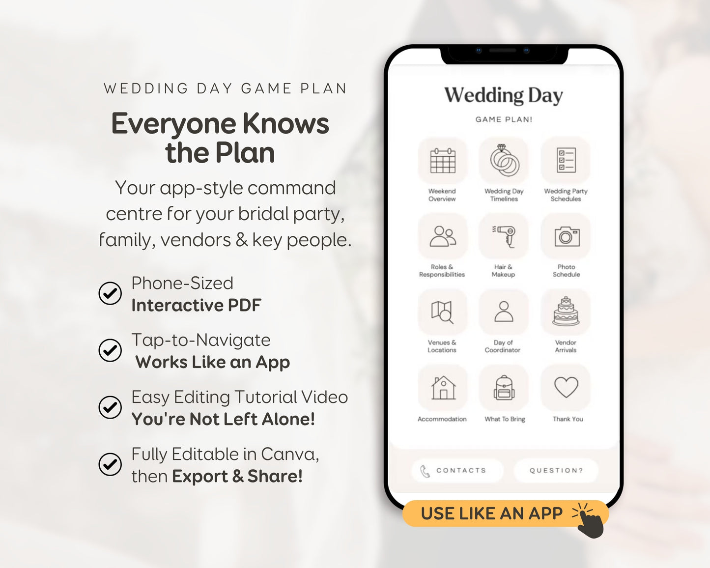 Wedding Day Game Plan | Mobile APP-Like Planner Timeline Template | Itinerary, Day Of Coordinator, Checklists (Digital Download)