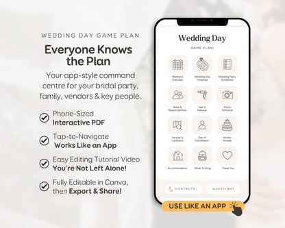 Wedding Day Game Plan | Mobile APP-Like Planner Timeline Template | Itinerary, Day Of Coordinator, Checklists (Digital Download)