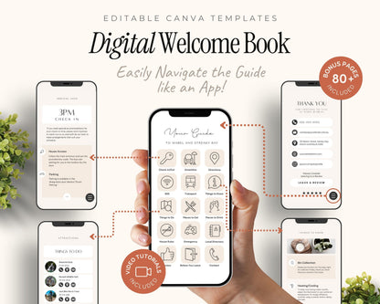 The image is a collage of four smartphone screens displaying a digital welcome book interface. The screens show various elements of the welcome book, such as navigation, contact information, and a list of features.