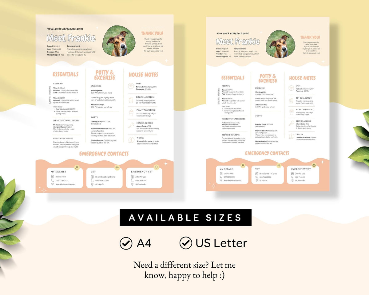 Pet & House Sitting Printable Templates | Editable Dog/Cat Sitter Instructions, One Page Overview Info Sheet, Binder Daily Log Care
