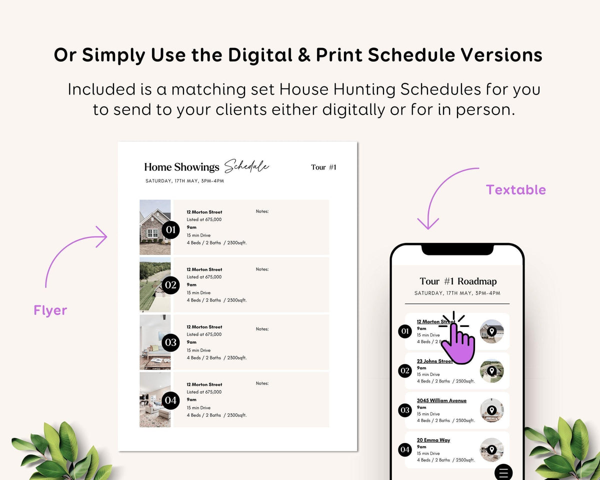 a flyer and a mobile device with a digital and print schedule for a home hunting event.