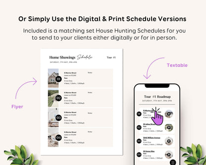 a flyer and a mobile device with a digital and print schedule for a home hunting event.