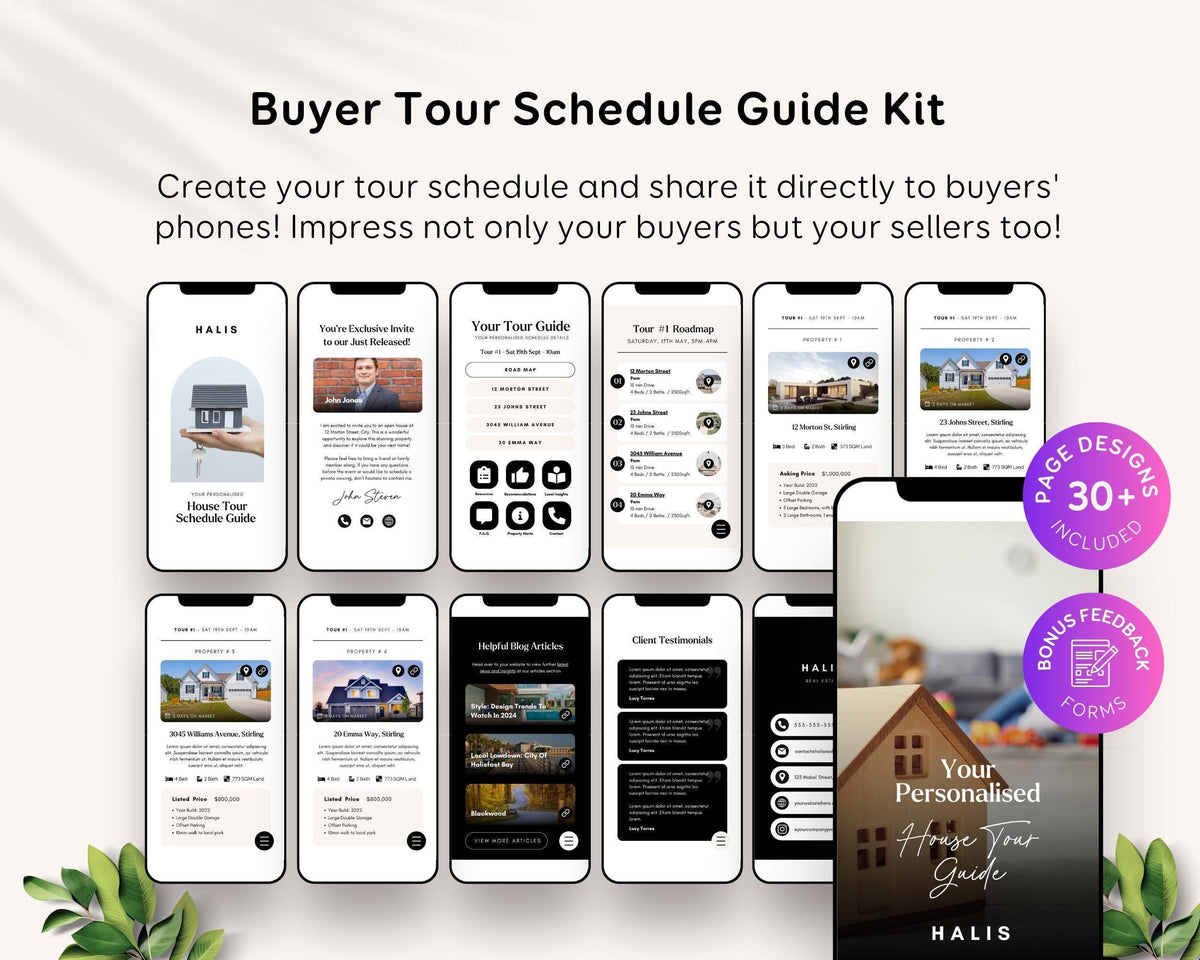 The image is a collage of various smartphone screens displaying different tour schedule and tour guide applications.