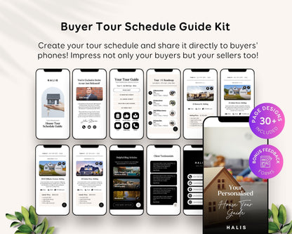 The image is a collage of various smartphone screens displaying different tour schedule and tour guide applications.