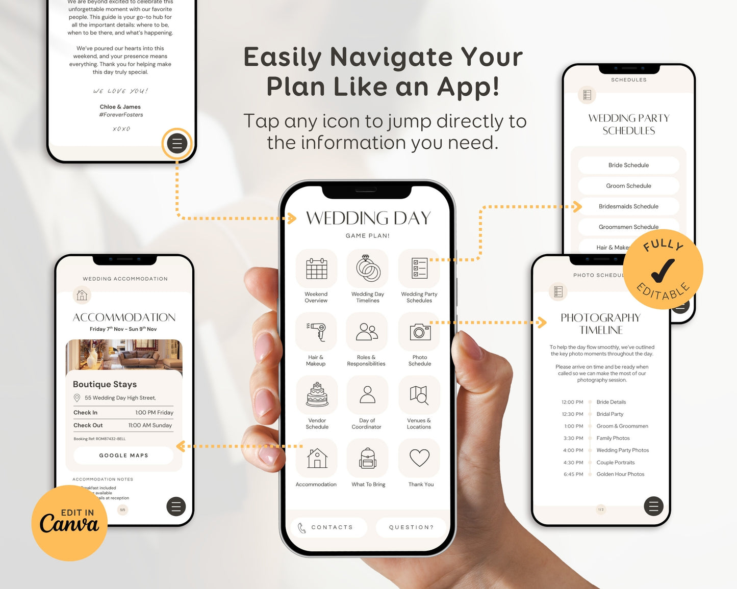 Wedding Day Game Plan | Mobile APP-Like Planner Timeline Template | Itinerary, Day Of Coordinator, Checklists (Digital Download)