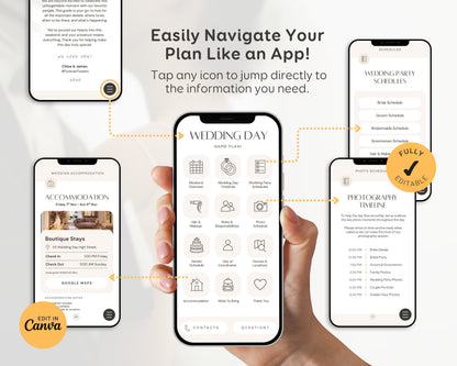 Wedding Day Game Plan | Mobile APP-Like Planner Timeline Template | Itinerary, Day Of Coordinator, Checklists (Digital Download)