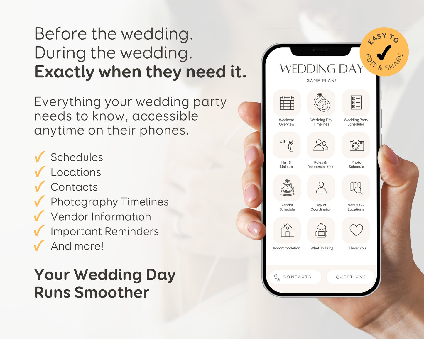 Wedding Day Game Plan | Mobile APP-Like Planner Timeline Template | Itinerary, Day Of Coordinator, Checklists (Digital Download)