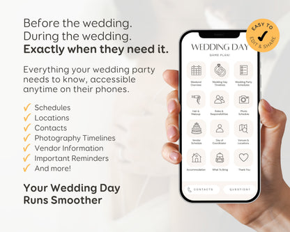 Wedding Day Game Plan | Mobile APP-Like Planner Timeline Template | Itinerary, Day Of Coordinator, Checklists (Digital Download)