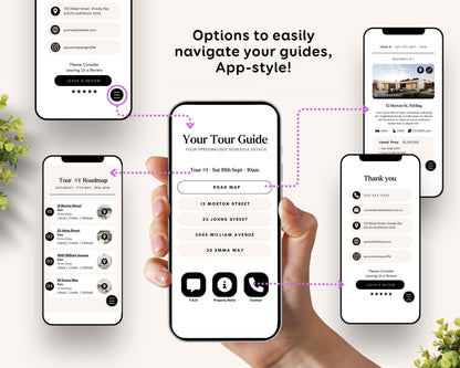 The image is a collage of four smartphone screens displaying a tour guide app interface. The app provides options to easily navigate and access information about various locations, such as road maps, contact details, and a review system.