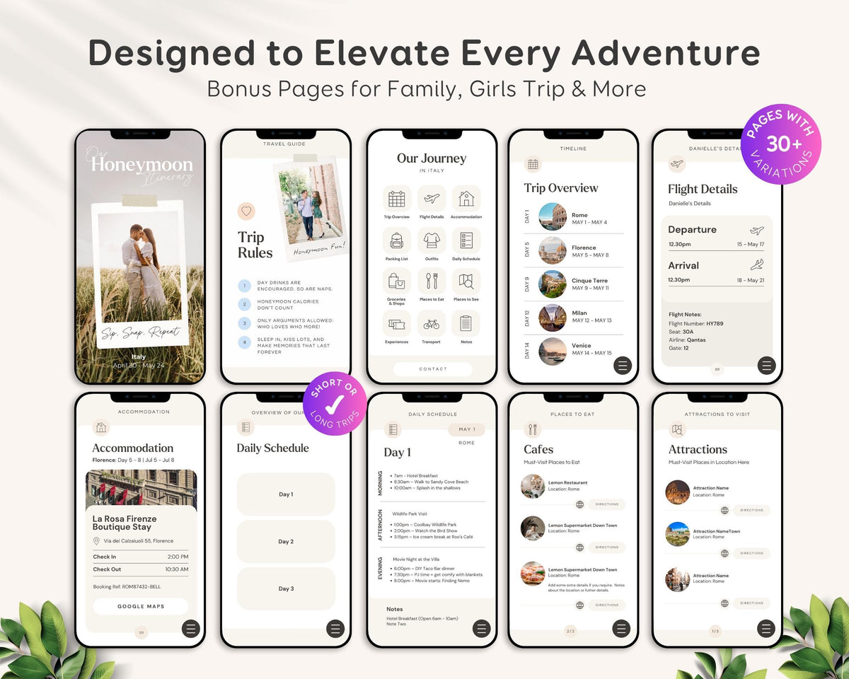 Honeymoon Travel Itinerary Template | Mobile Editable Travel Planner, Trip Itinerary Digital Travel Guide template, Traveling Canva Download