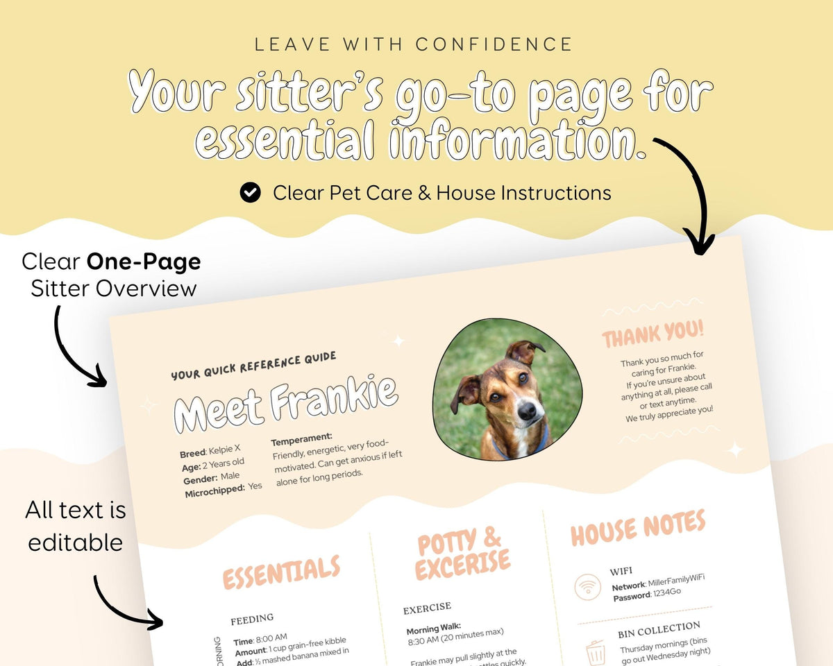 Pet & House Sitting Printable Templates | Editable Dog/Cat Sitter Instructions, One Page Overview Info Sheet, Binder Daily Log Care