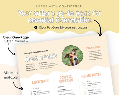 Pet & House Sitting Printable Templates | Editable Dog/Cat Sitter Instructions, One Page Overview Info Sheet, Binder Daily Log Care