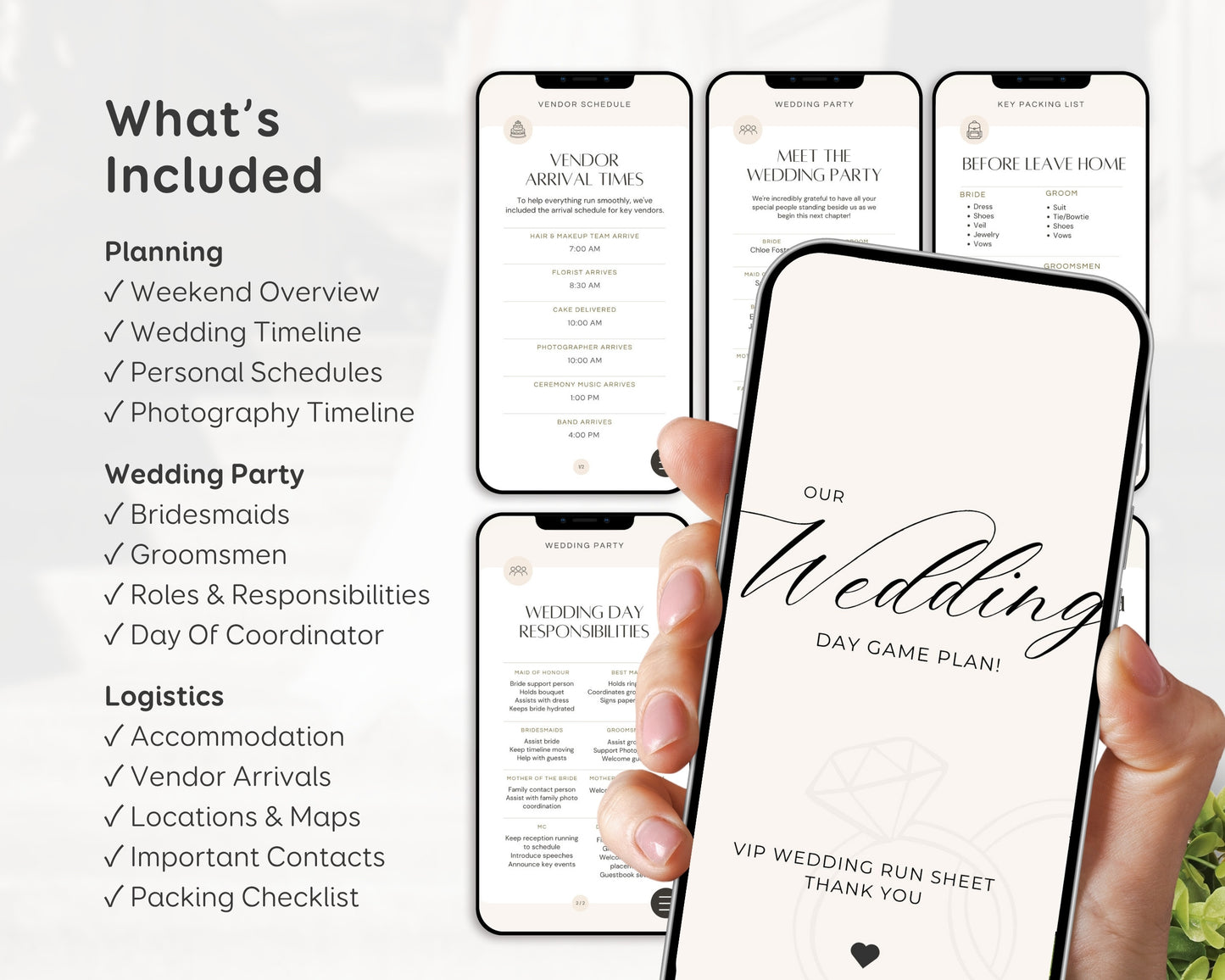 Wedding Day Game Plan | Mobile APP-Like Planner Timeline Template | Itinerary, Day Of Coordinator, Checklists (Digital Download)