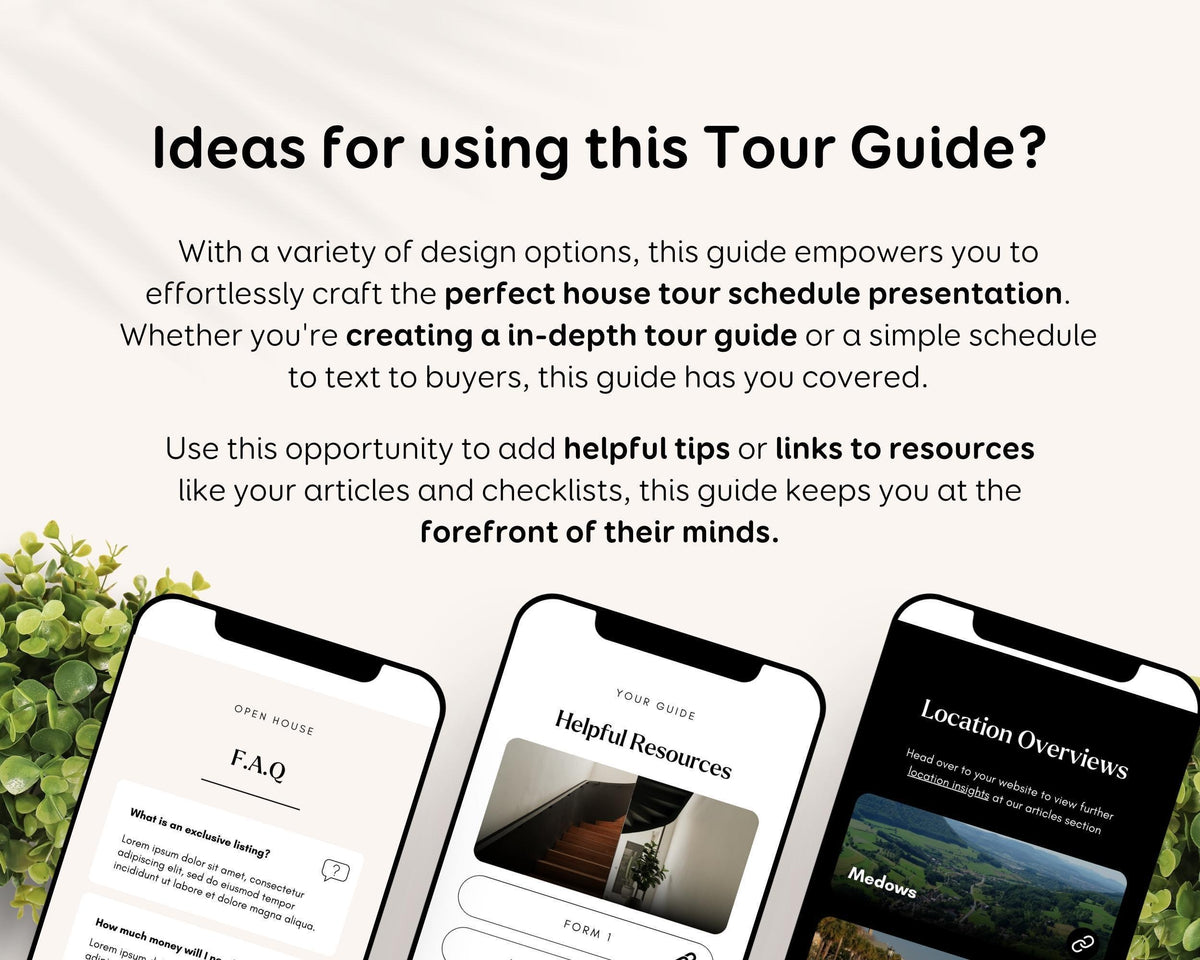 three different mobile devices with a tour guide interface, providing a variety of design options for crafting a perfect house tour schedule presentation.