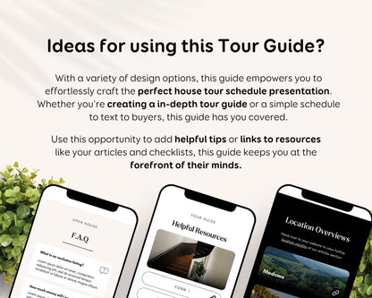 three different mobile devices with a tour guide interface, providing a variety of design options for crafting a perfect house tour schedule presentation.