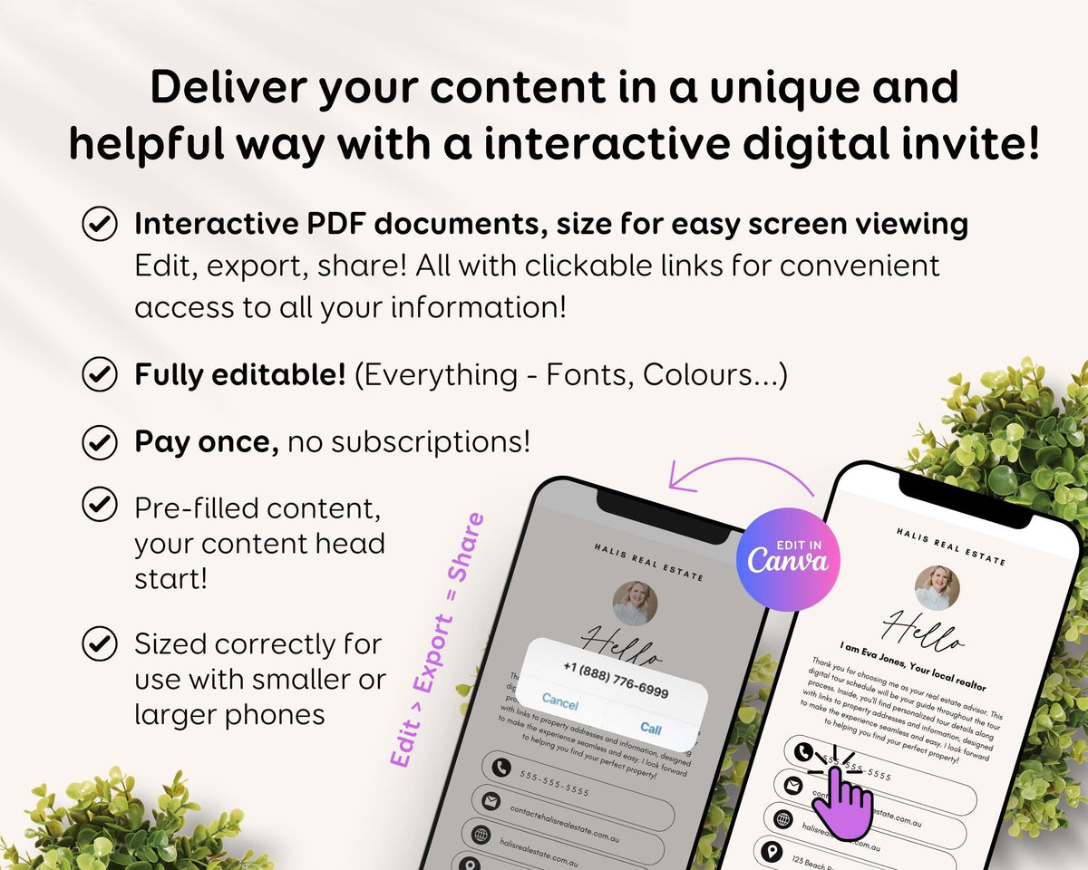 The image is an advertisement for a digital invite service that allows users to create and customize digital invites for various purposes, such as real estate listings, events, or social media posts.
