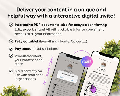 The image is an advertisement for a digital invite service that allows users to create and customize digital invites for various purposes, such as real estate listings, events, or social media posts.