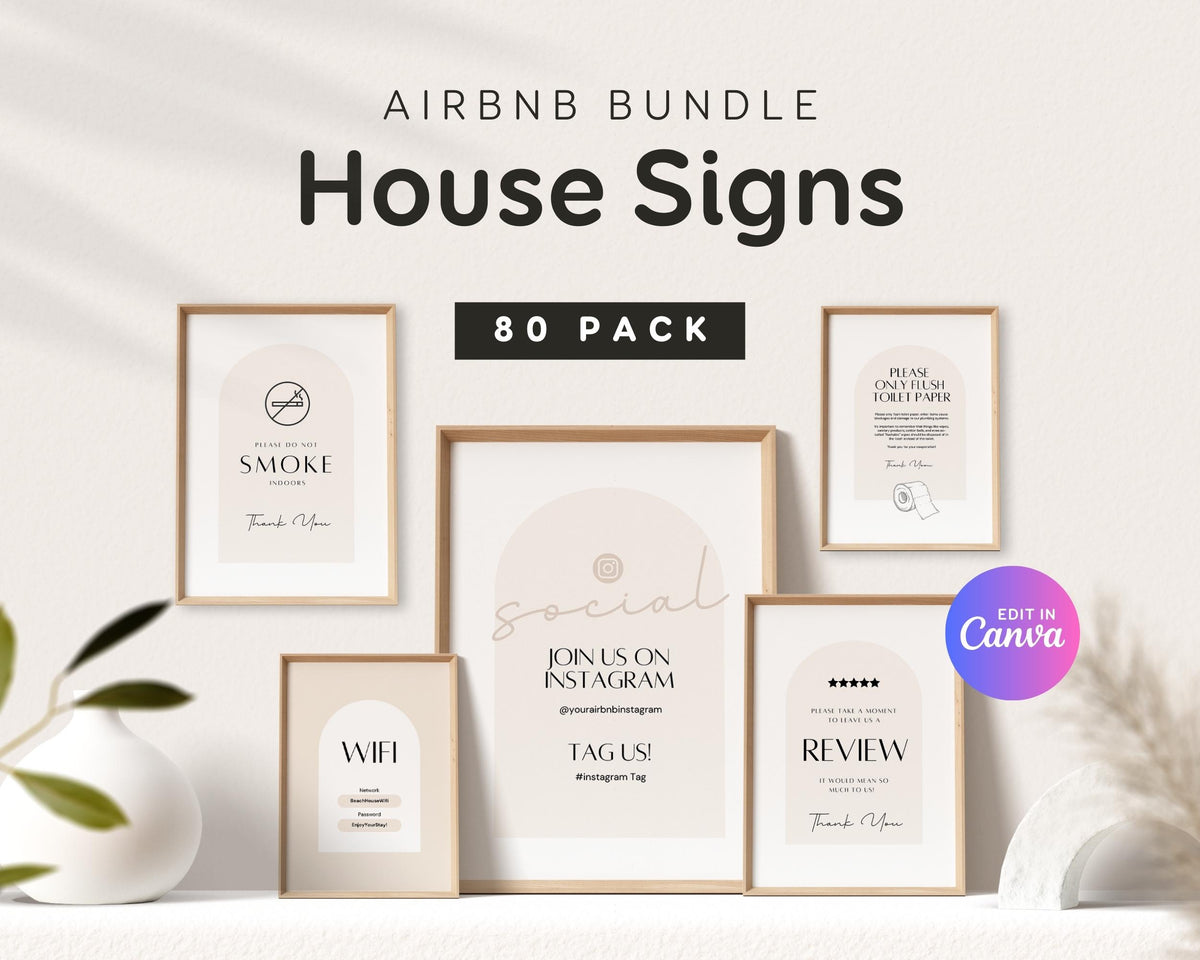 Airbnb Signs Bundle, Canva Edit Welcome Signs Pack, 80+ Templates