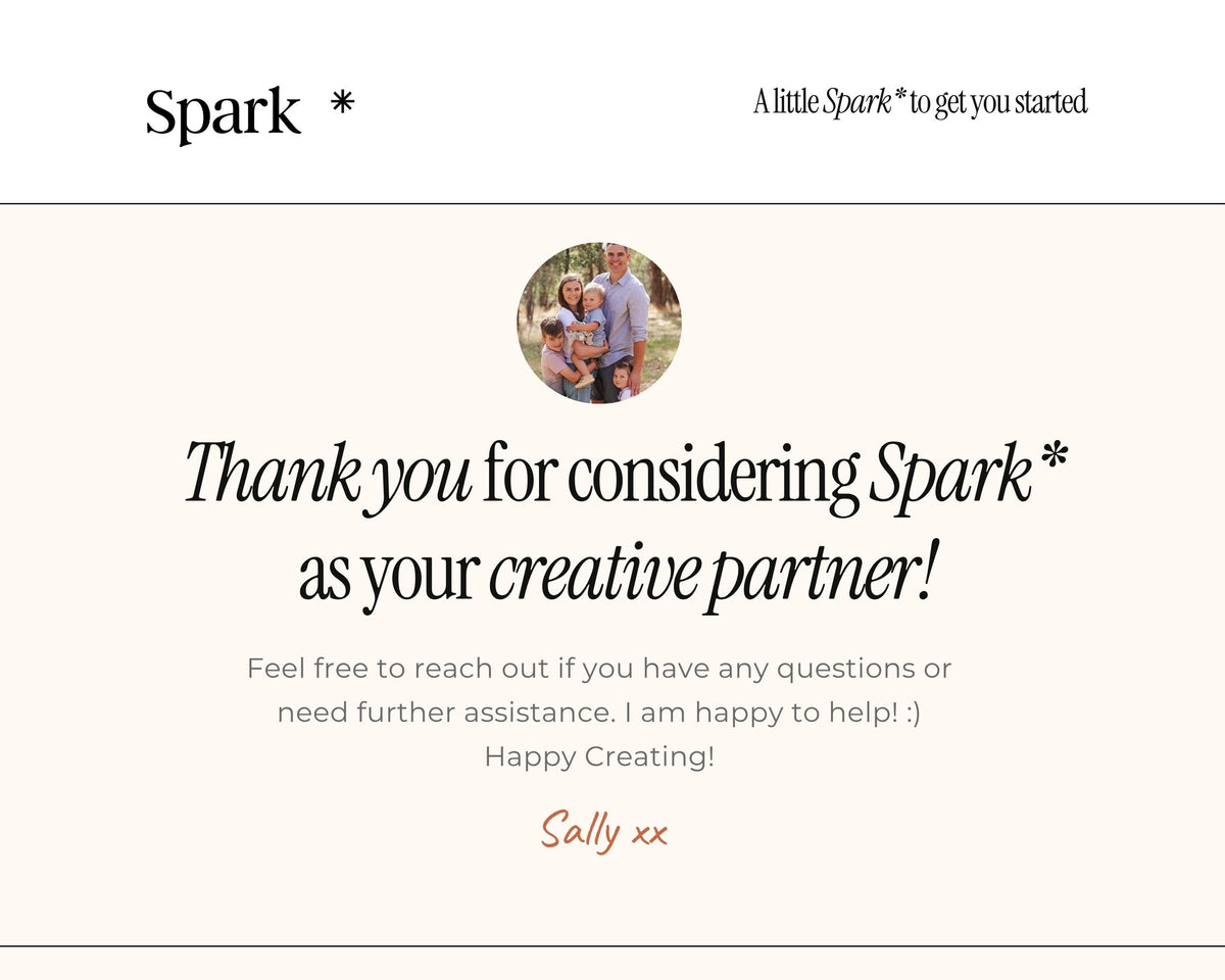 a family portrait of three people, with a caption expressing gratitude for considering Spark as a creative partner.