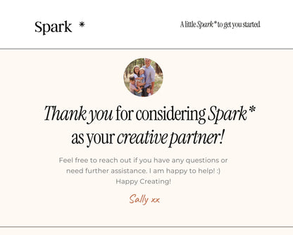 a family portrait of three people, with a caption expressing gratitude for considering Spark as a creative partner.