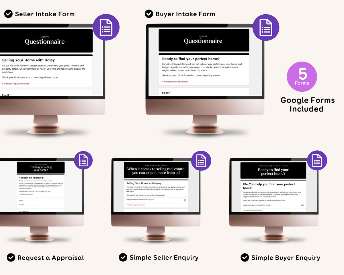 a collection of computer monitors displaying different forms, including seller intake forms and buyer intake forms.