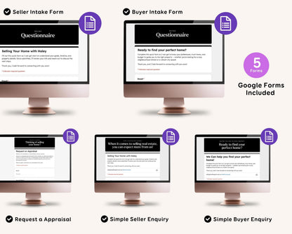 a collection of computer monitors displaying different forms, including seller intake forms and buyer intake forms.