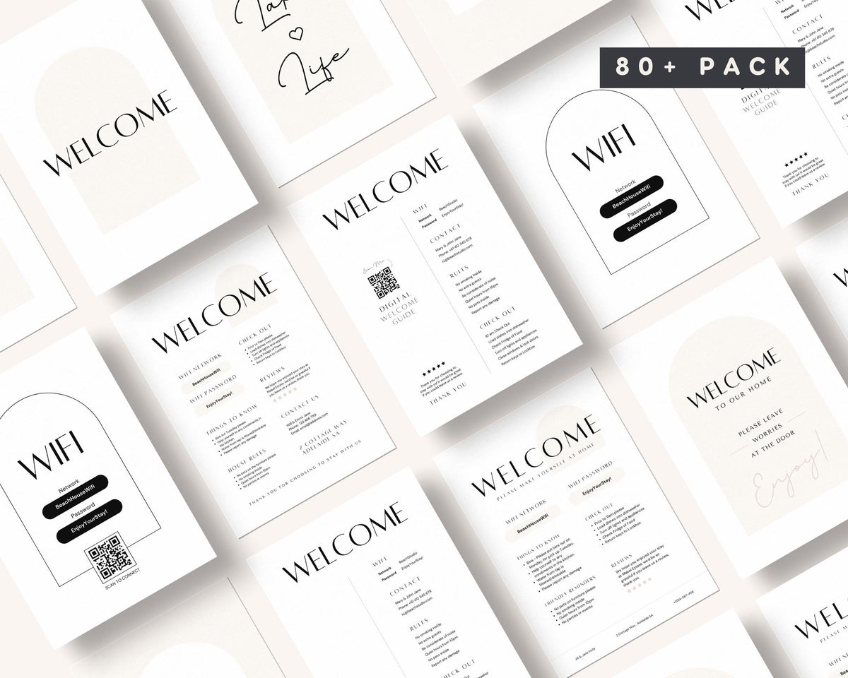Airbnb Signs Bundle, Canva Edit Welcome Signs Pack, 80+ Templates